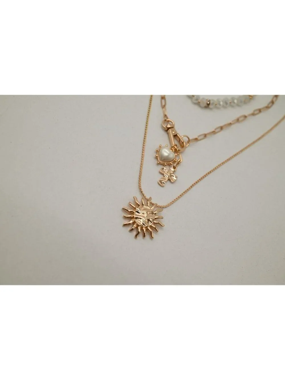 NWT Josslyn Multi Beaded Layer Sun Heart Cross Charm Necklace Gold Tone Stack